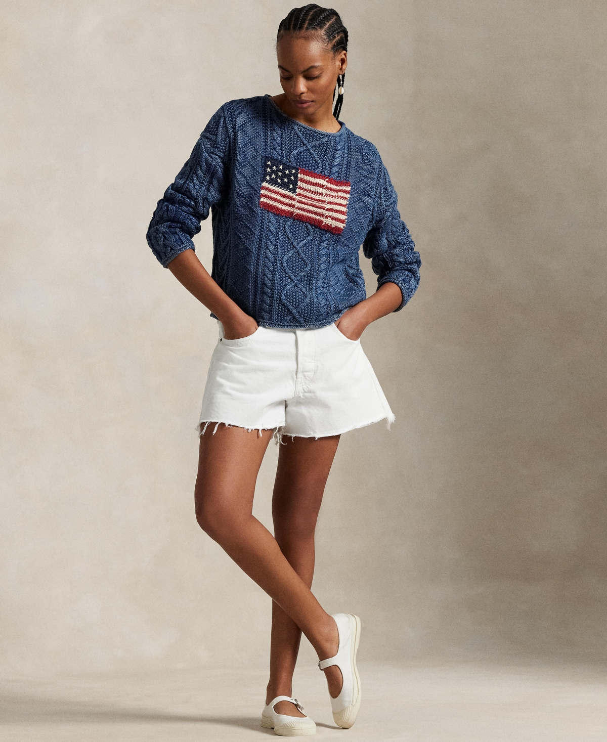 Shop Polo Ralph Lauren Women's Flag Aran-knit Cotton Sweater In Indigo,multi