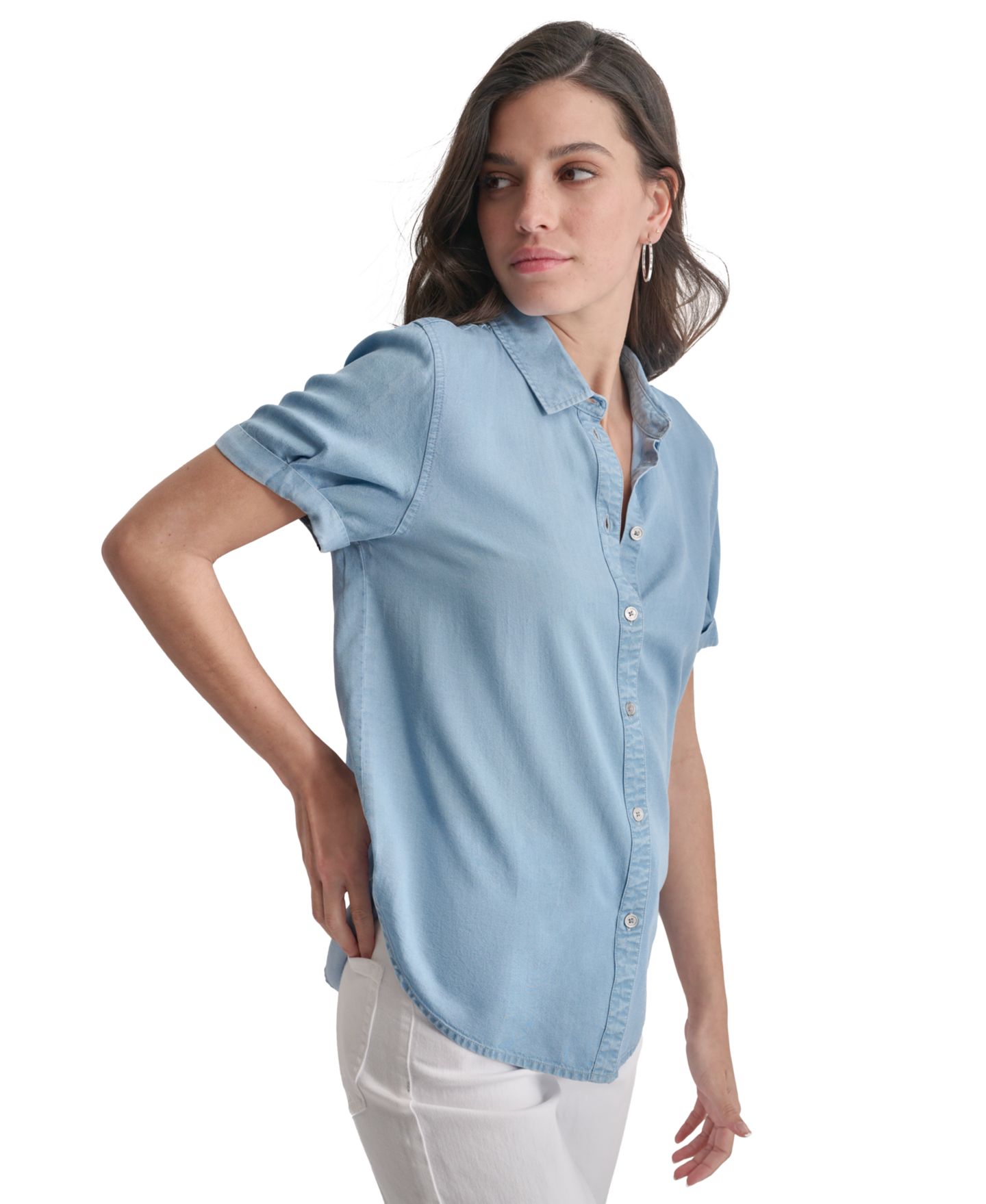 Женская рубашка DKNY Jeans Petite Rolled Short-Sleeve Button-Up, цвет: Шамбре — фото 4