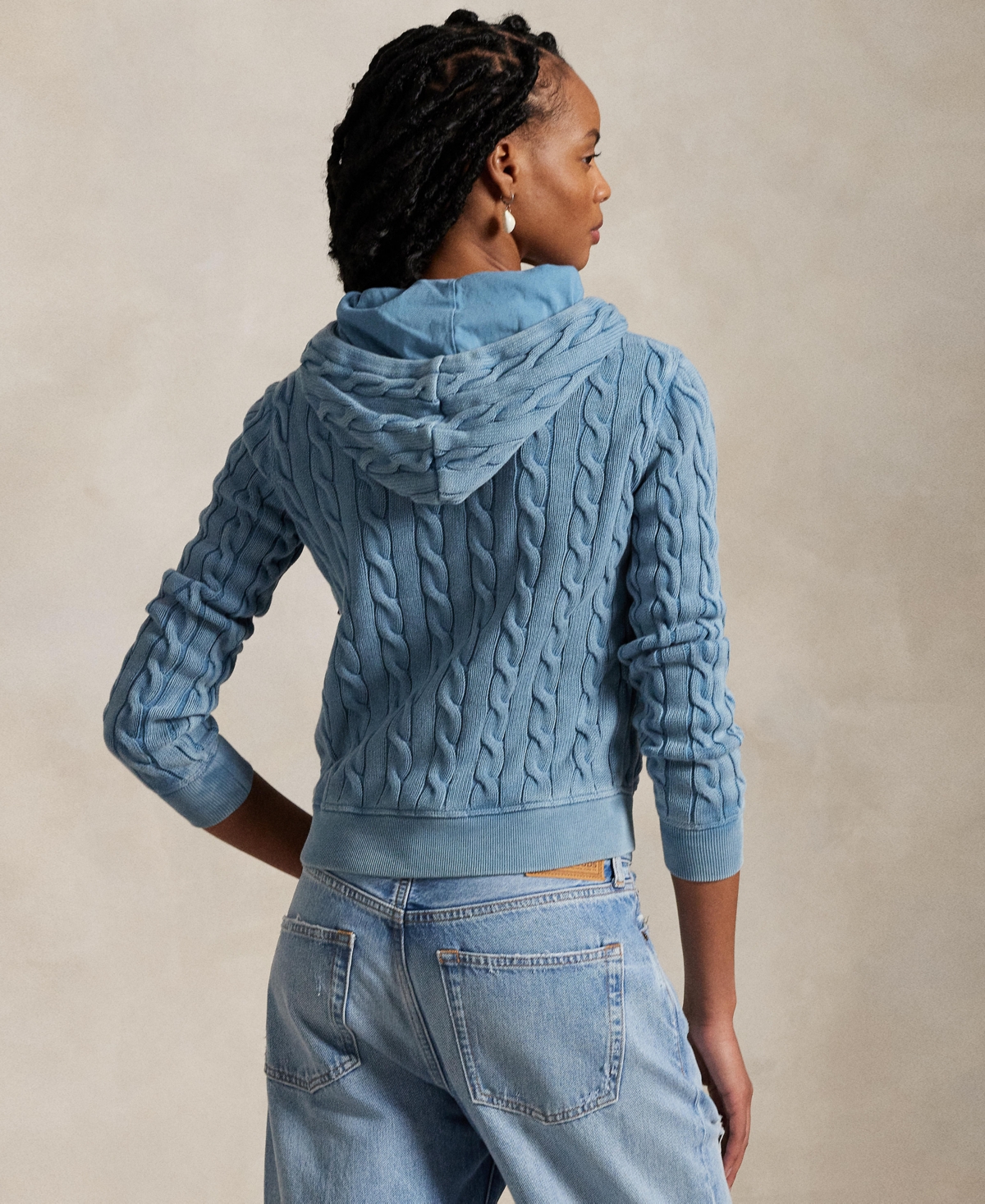 Shop Polo Ralph Lauren Women's Cable-knit Cotton Full-zip Hoodie Sweater In Chambray Indigo