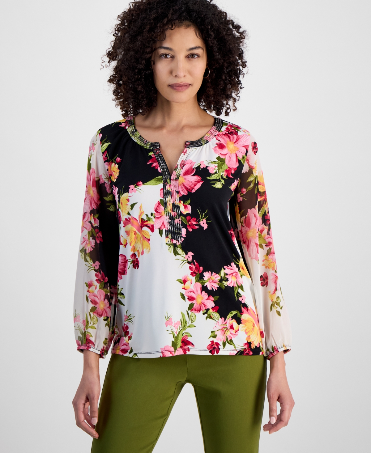 Petite Embellished Knit Chiffon-Sleeve Top, Exclusively at Macy's - Deep Black