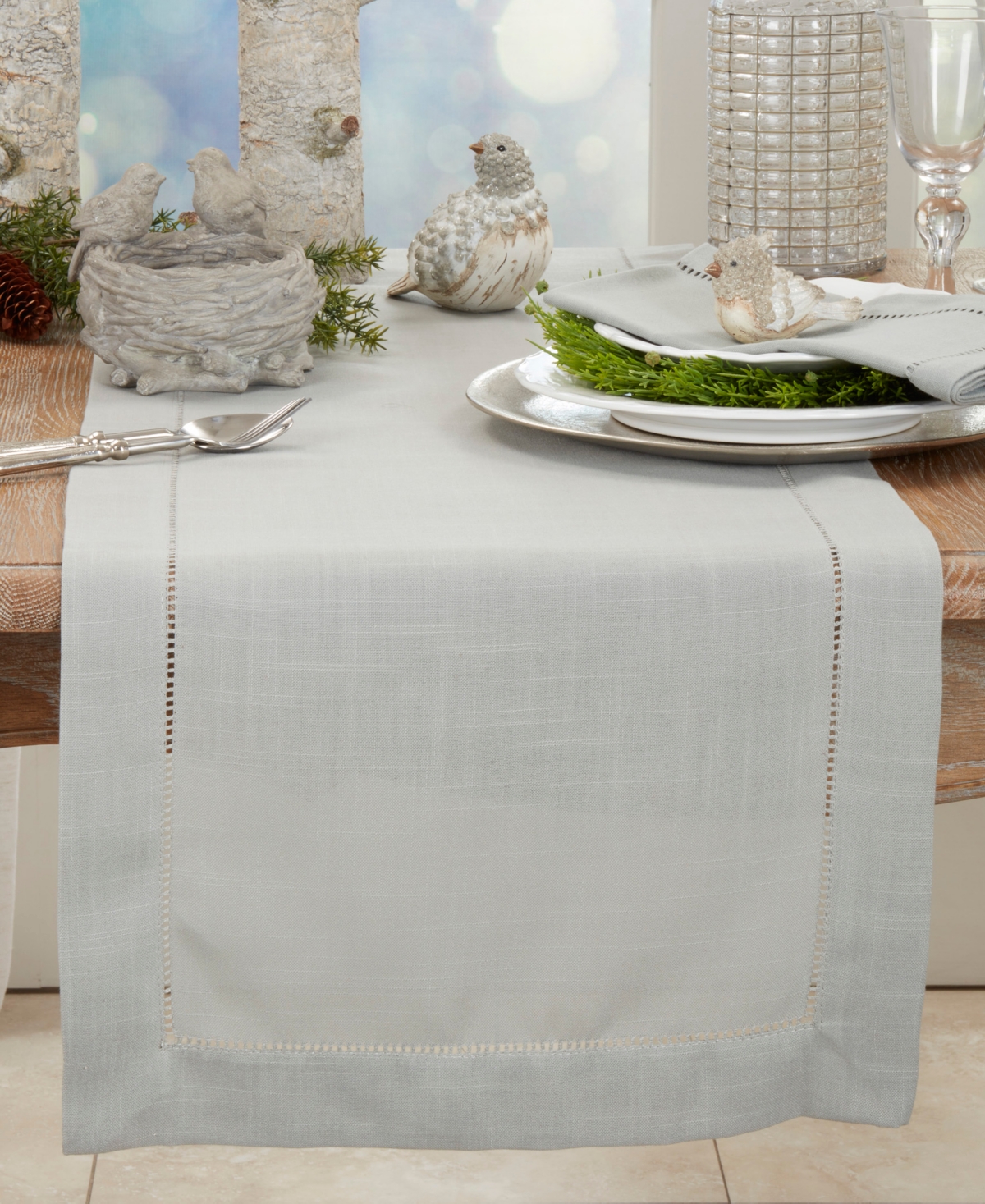 Saro Lifestyle Hemstitched Border Table Runner, 16" X 54" In Gray
