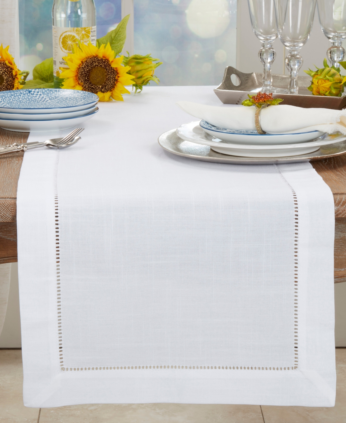 Saro Lifestyle Hemstitched Border Table Runner, 16" X 54" In White