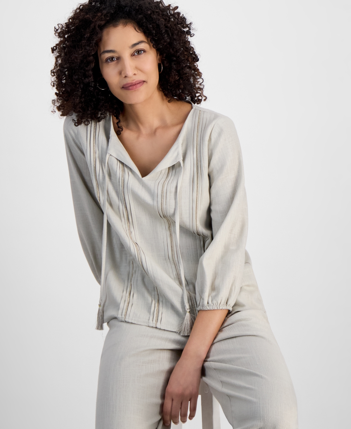 JM COLLECTION PETITE TIE-NECK EMBELLISHED PINTUCK-TRIM TOP, EXCLUSIVELY AT MACY'S 