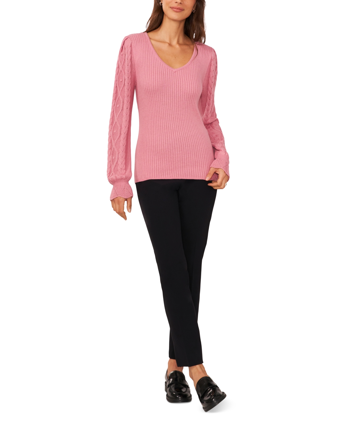 Women's V-Neck Cable Knit Sleeve Sweater - Foxglove