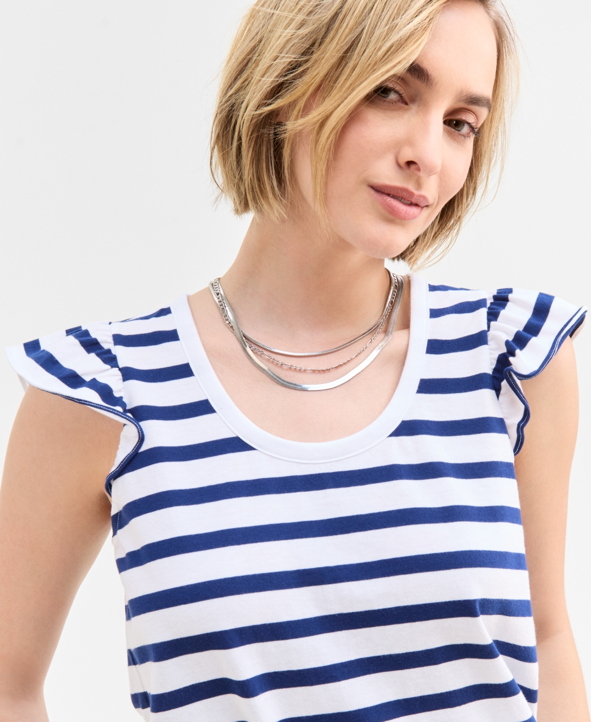 On 34th Women's Striped Flutter-sleeve Voop-neck T-shirt, Exclusively At Macy's In Blazing Navy