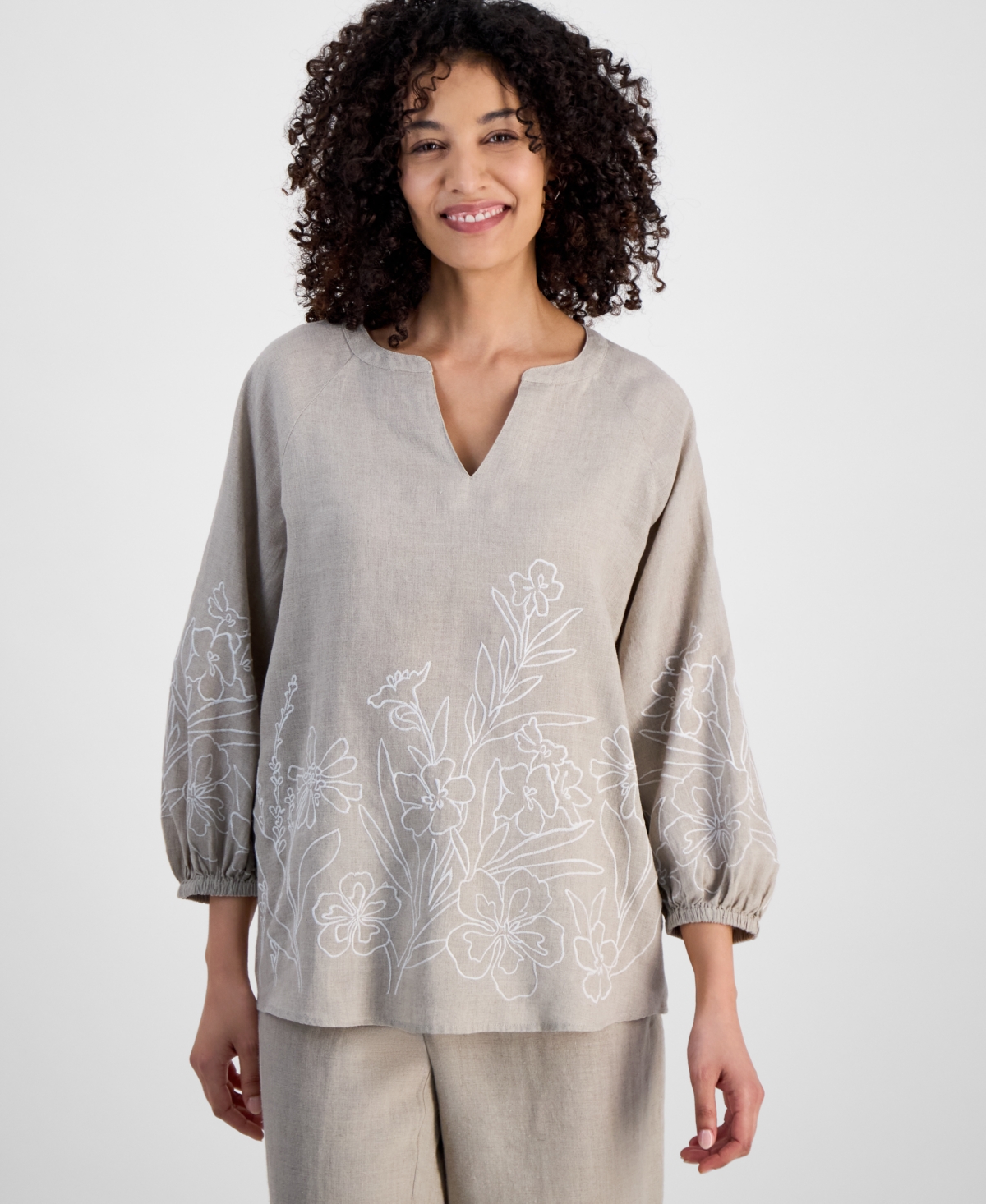 CHARTER CLUB PETITE 100% LINEN EMBROIDERED TOP, EXCLUSIVELY AT MACY'S 