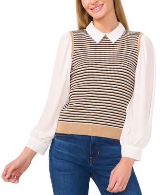CeCe - Women's Thin Stripe Vest Layered Sweater Top