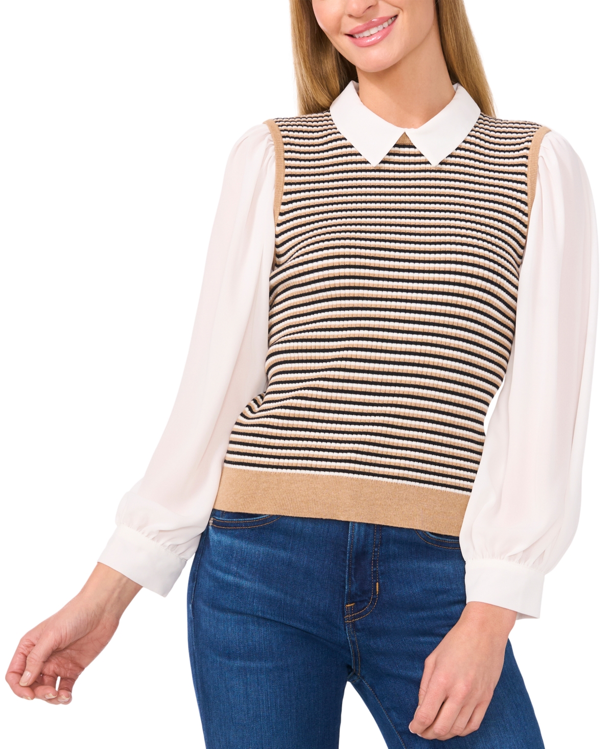 Cece Thin Stripe Mixed Media Sweater Top In Latte Heather