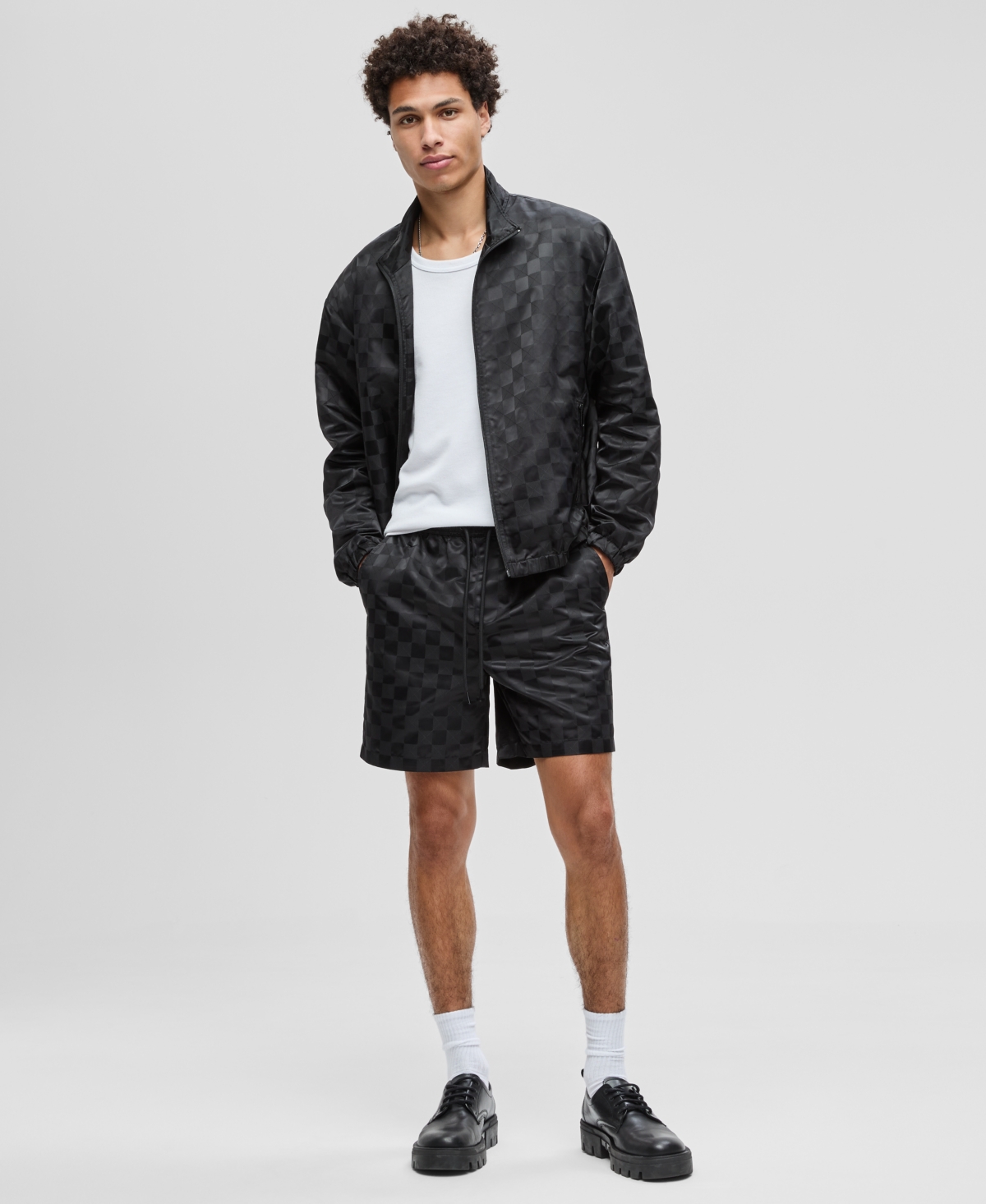 Men's Check Jacquard Regular-Fit 6-1/2" Track Shorts, Macy's Exclusive - Deep Black