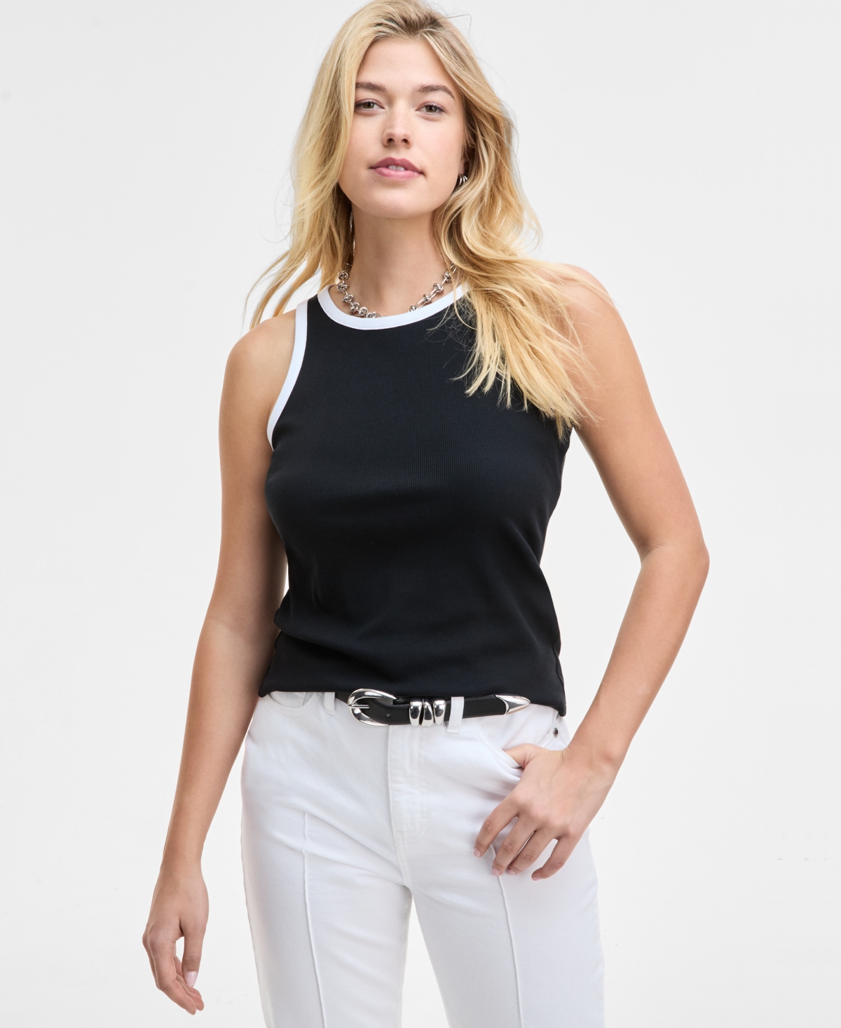 On 34th Women's Contrast Tipped Micro Rib Tank Top, Exclusively At Macy's In Blue