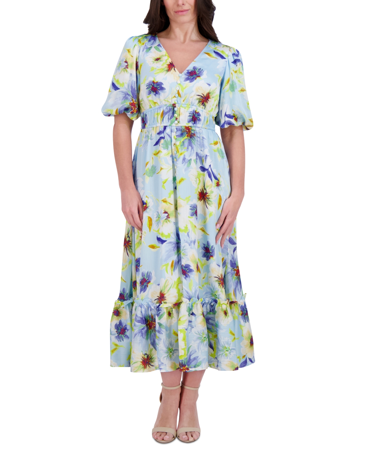 Women's Floral-Print Puff-Sleeve Maxi Dress - Light Blue Multi