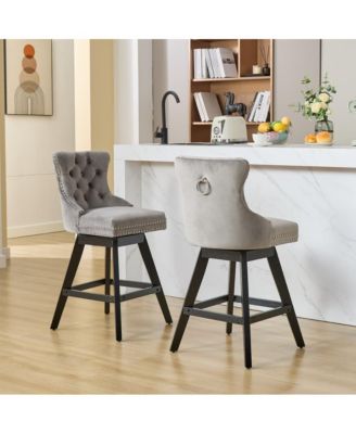 2-Piece Counter Stool Set, Velvet Upholstery with Tufted Back, Nailhead Trim and Wooden Legs, Swivel Bar Stools