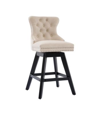 2-Piece Counter Stool Set, Velvet Upholstery with Tufted Back, Nailhead Trim and Wooden Legs, Swivel Bar Stools