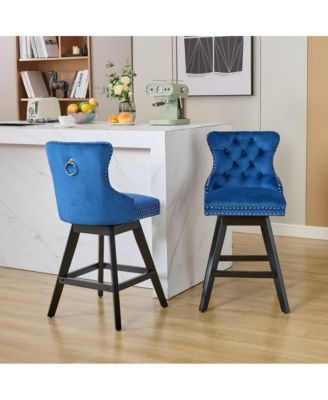 2-Piece Counter Stool Set, Velvet Upholstery with Tufted Back, Nailhead Trim and Wooden Legs, Swivel Bar Stools