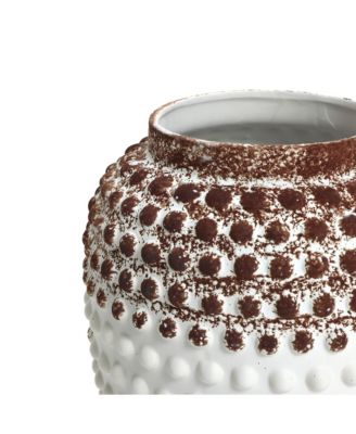 Vintage White and Brown Beaded 12-Inch Tall Urn Vase