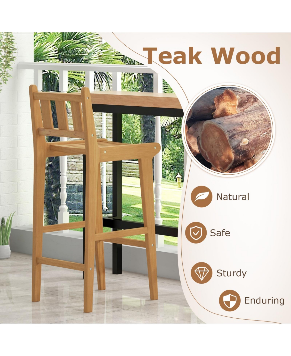 Teak Wood Bar Chair with Footrest and Backrest for Deck Poolside Garden