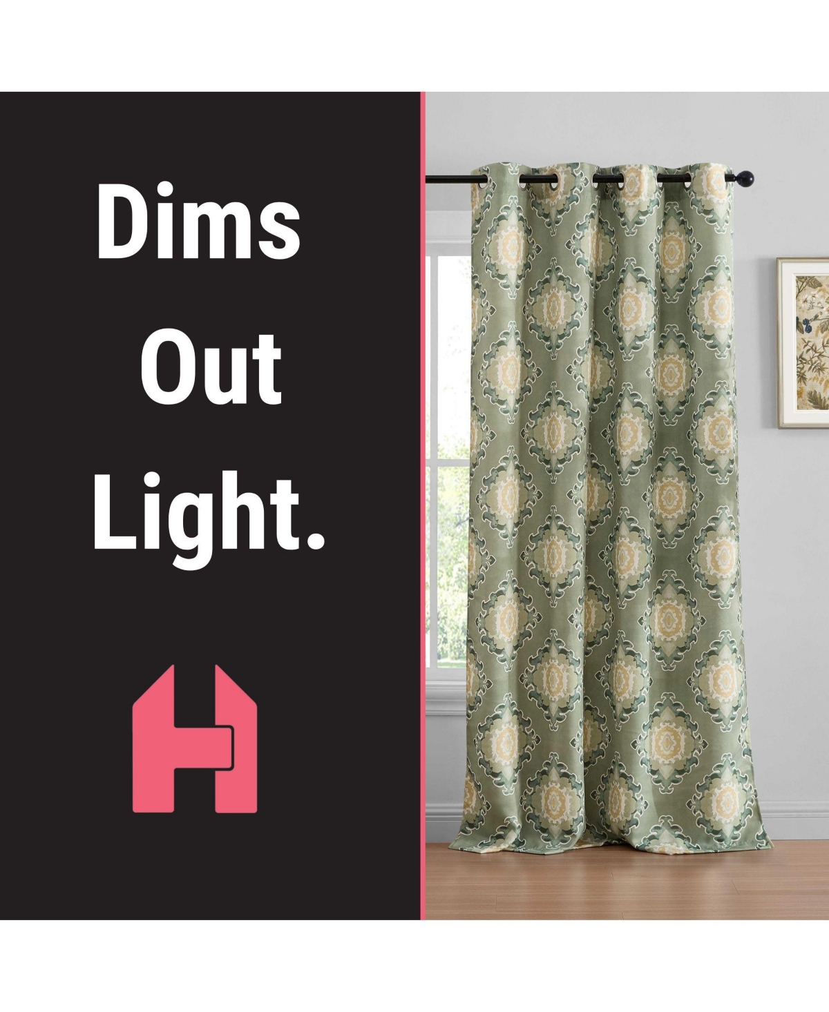 Hlc.me Liam Ogee Ikatt Damask Patterned Window Grommet Curtains Bedroom - Light Blocking Darkening Window Panels, Set of 2 (Sage Green