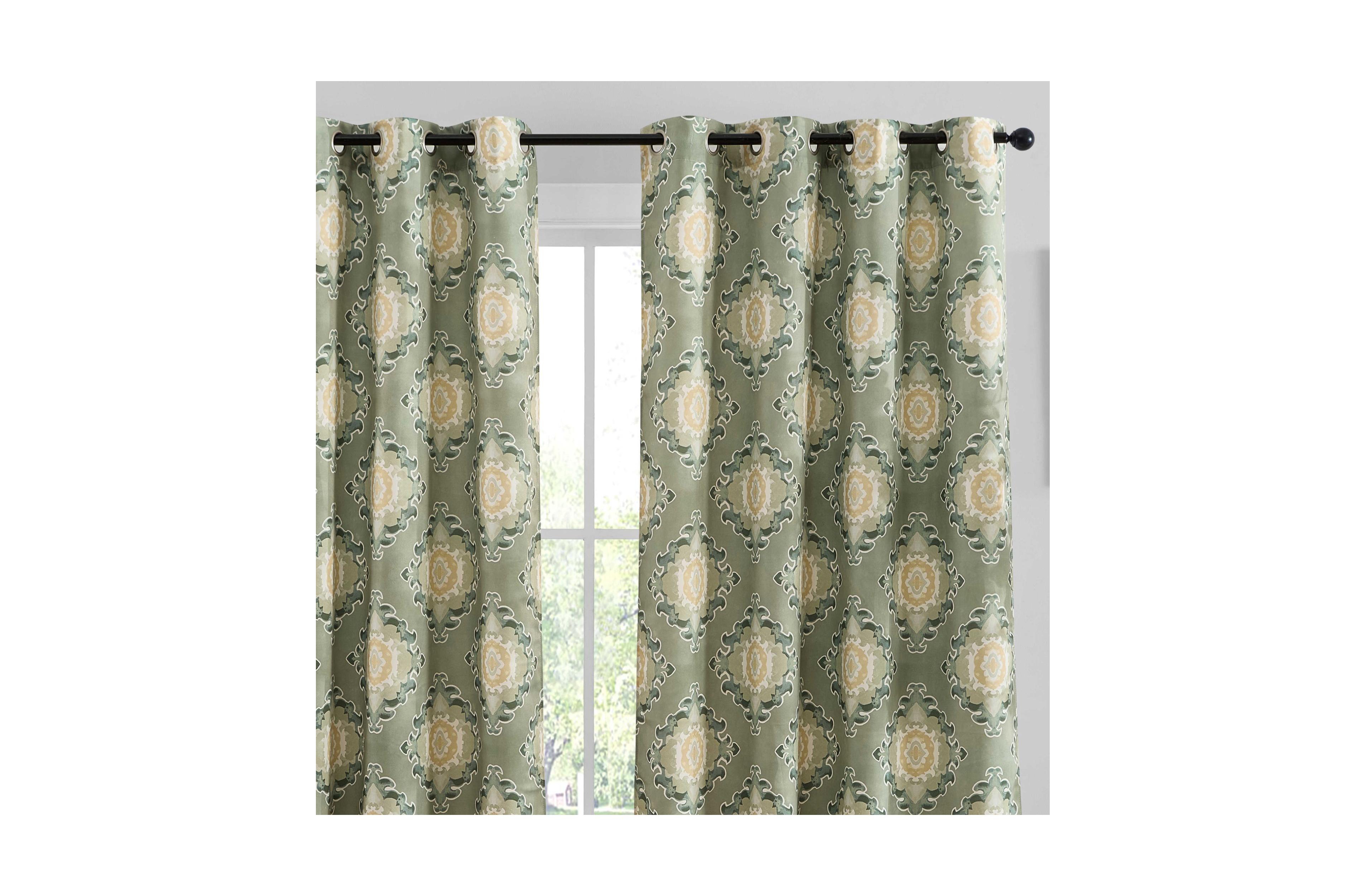 Hlc.me Liam Ogee Ikatt Damask Patterned Window Grommet Curtains Bedroom - Light Blocking Darkening Window Panels, Set of 2 (Sage Green, 52 W x 96 L
