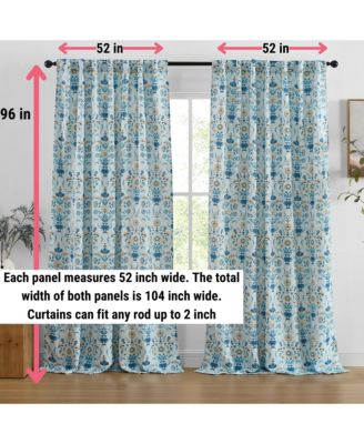 Clara Floral Damask Patterned Window Back Tab Rod Pocket Curtains Bedroom - Light Blocking Darkening Window Panels, Set of 2 (Blue/Yellow, 52 W x 96 L)