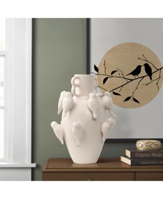 Classic White Ceramic Modern Birds 14.4-Inch Tall Vase