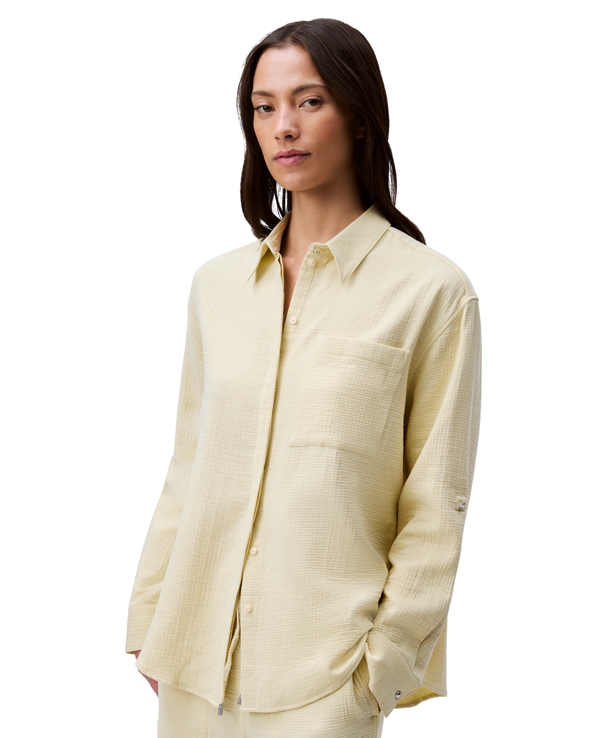 Calvin Klein Jeans Est.1978 Women's Double Gauze Roll-tab-sleeve Button-down Shirt In White
