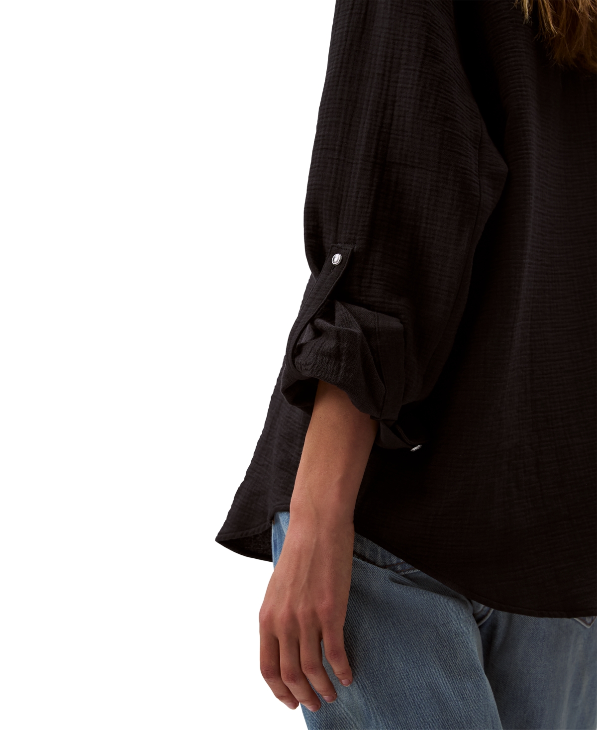 Calvin Klein Jeans Est.1978 Women's Double Gauze Roll-tab-sleeve Button-down Shirt In Black