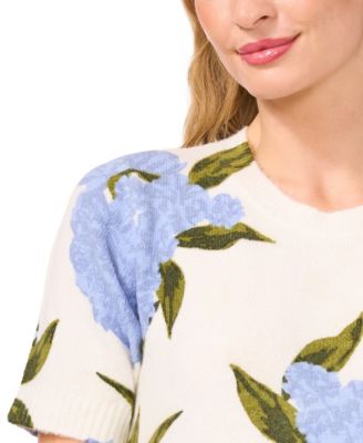 Women's Short-Sleeve Floral Crew Neck Sweater