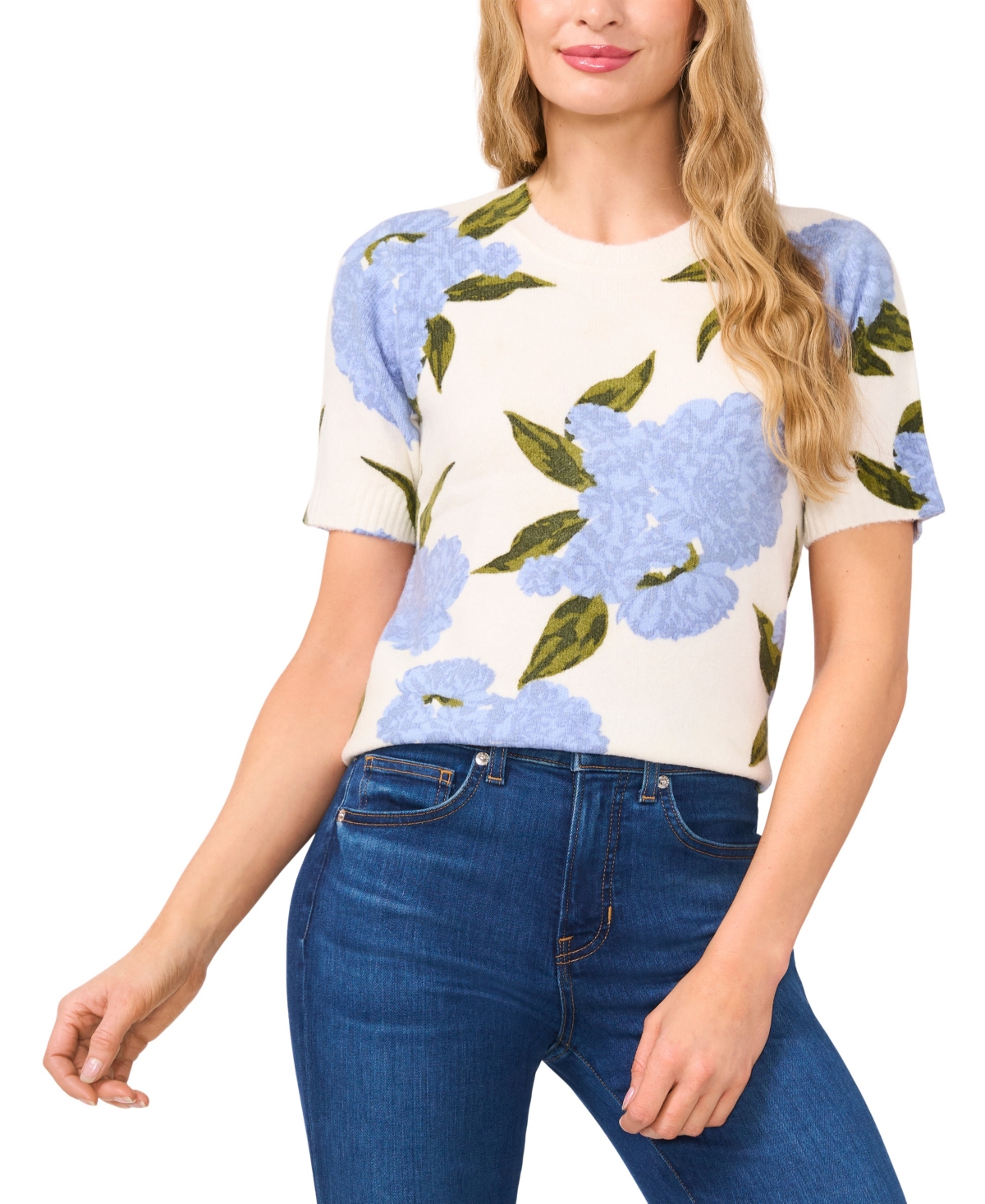 Women's Short-Sleeve Floral Crewneck Sweater - New Ivory