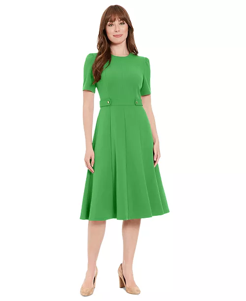 women's puff-sleeve tab-detail fit & flare dress