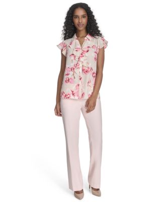 Women's Printed Ruffled Flutter-Sleeve Button-Front Blouse