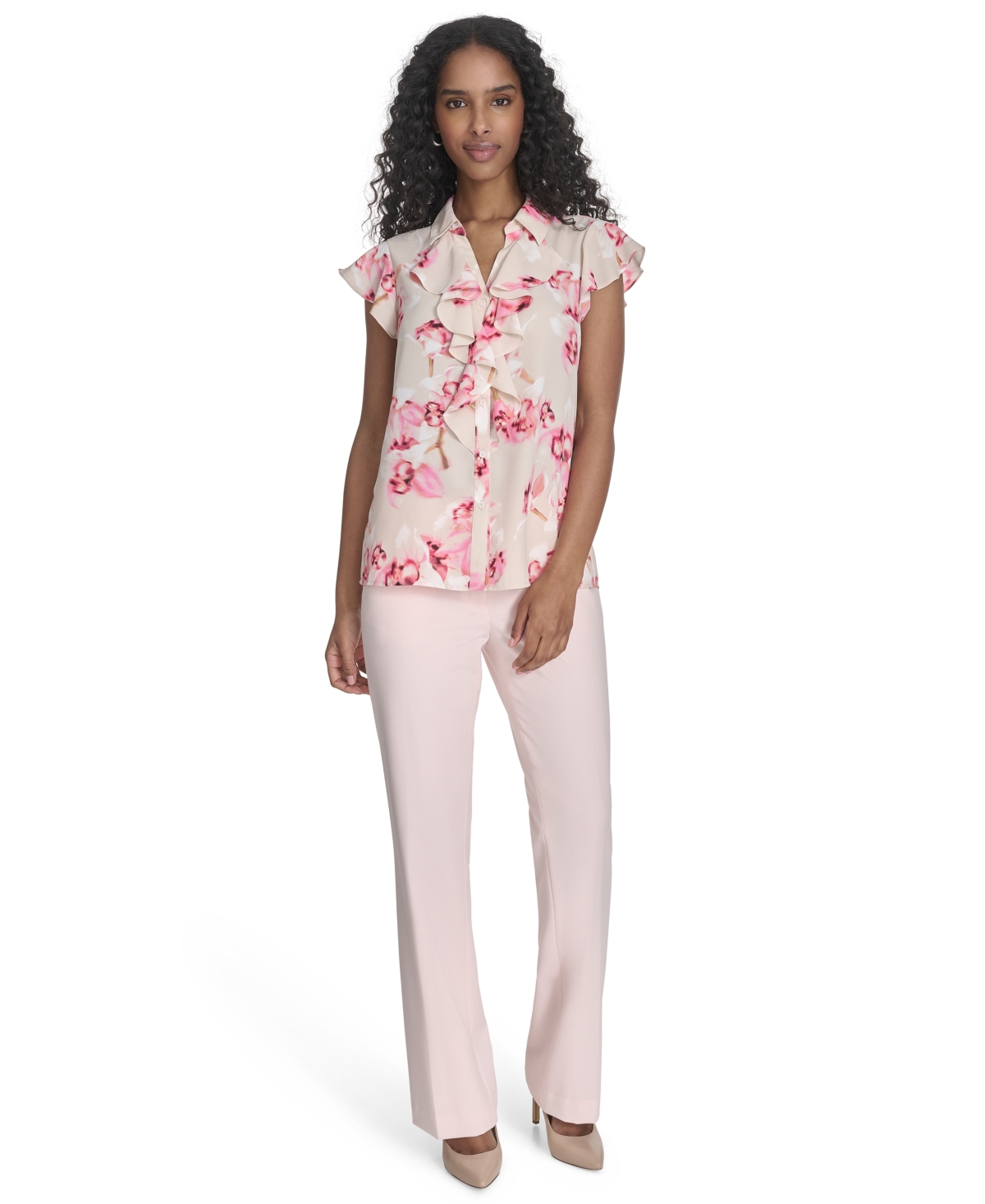 CALVIN KLEIN WOMEN'S PRINTED RUFFLED FLUTTER-SLEEVE BUTTON-FRONT BLOUSE 