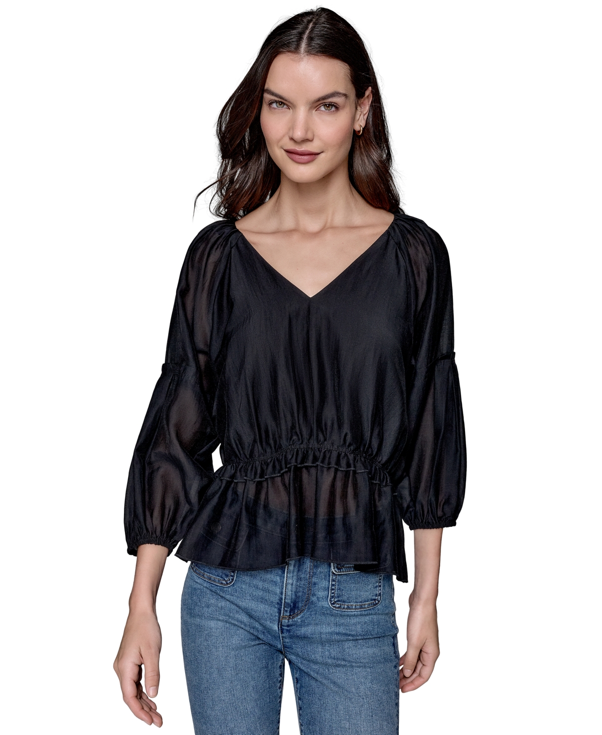 Women's Tiered-Sleeve Peplum Top - Black