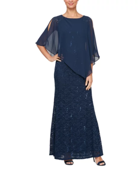 Petite Round-Neck Sequin Lace Cape Dress - New Navy