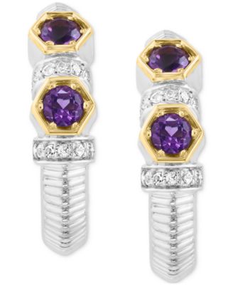 EFFY&reg; Sky Blue Topaz (1/2 ct. tw.) & White Sapphire (1/5 ct. t.w.) Small Hoop Earrings in Sterling Silver & 18k Gold, 0.62" (Available in Citrine & Amethyst)