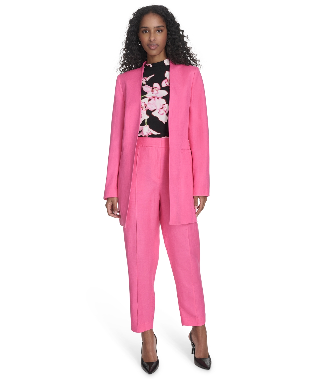 Shop Calvin Klein Women's Open-front Linen-blend Blazer In Peony