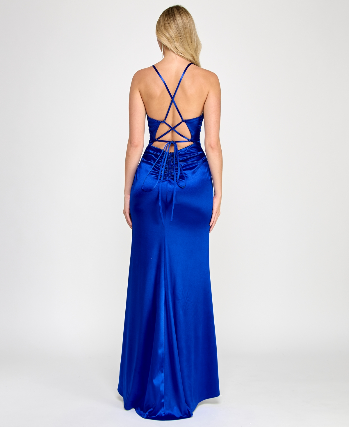 Crystal Doll Juniors' Sleeveless Lace-up-back Satin Gown In Electric Blue