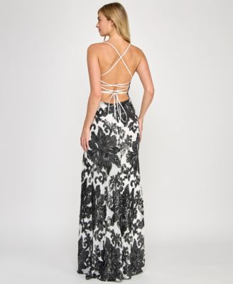 Juniors' Floral Sequined Lace-Up-Back Gown