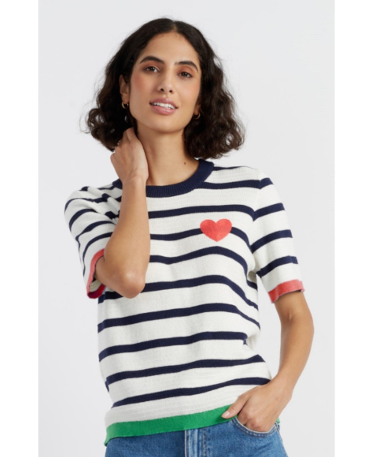 Women's Cotton Heart Breton Crochet T-Shirt - Cream