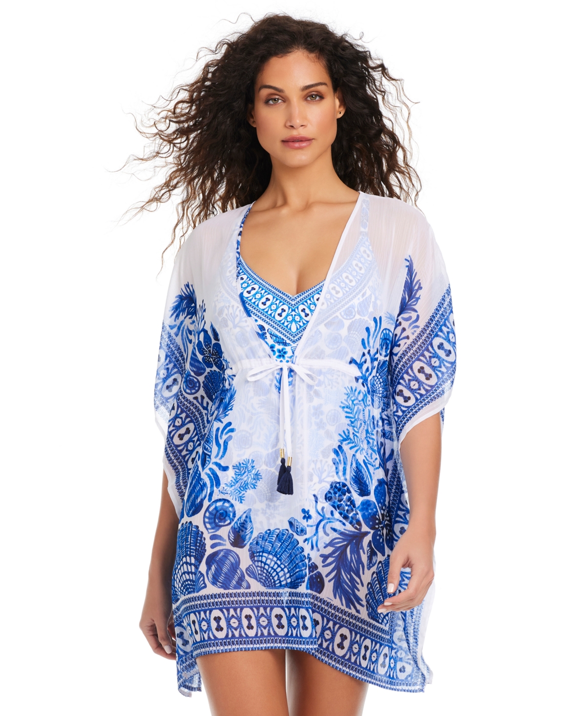 Women's Sea Life V-Neck Caftan Cover-Up - White Multi