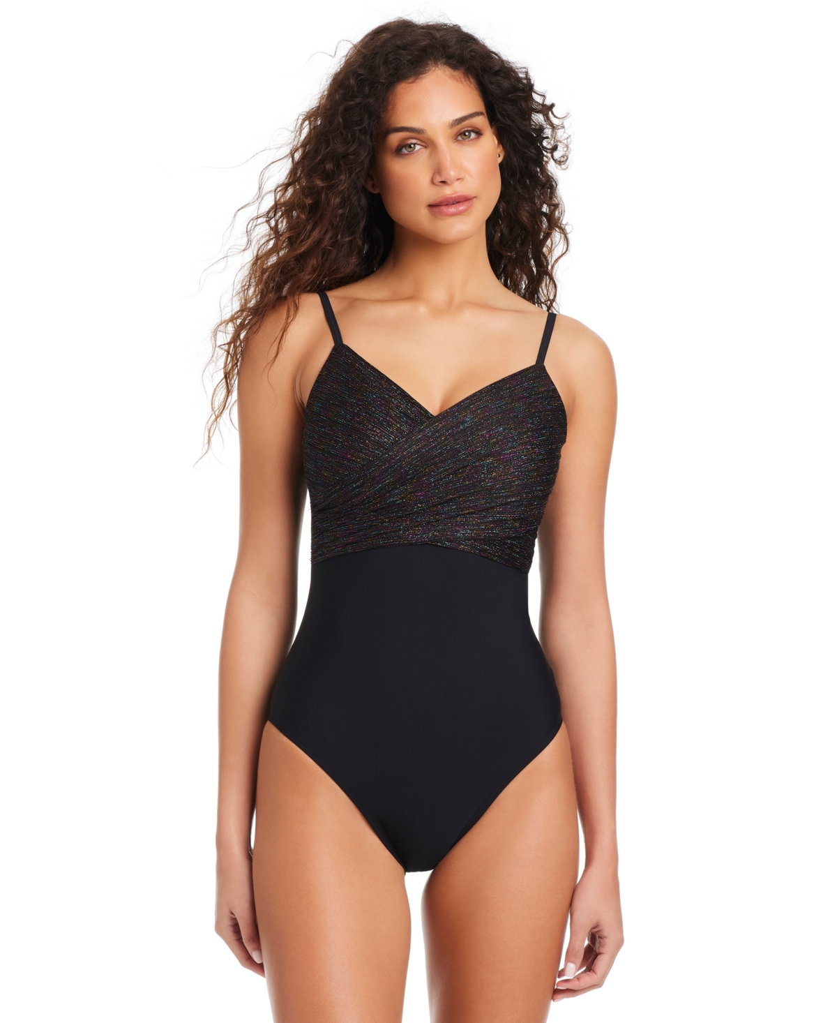 Women's Draped Metallic One-Piece Swimsuit - Black Multi