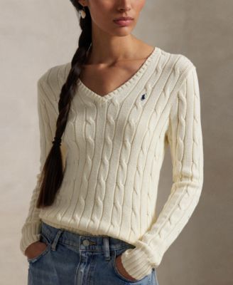 Women's Cable-Knit Cotton V-Neck Sweater