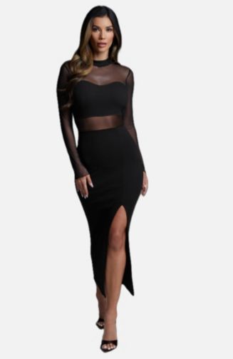 knee length dresses for ladies Bebe Women's Rib Long Sleeve Godet Dress