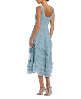 Women's Scoop Neck Sleeveless Mesh Micro Ruffle Midi Dress