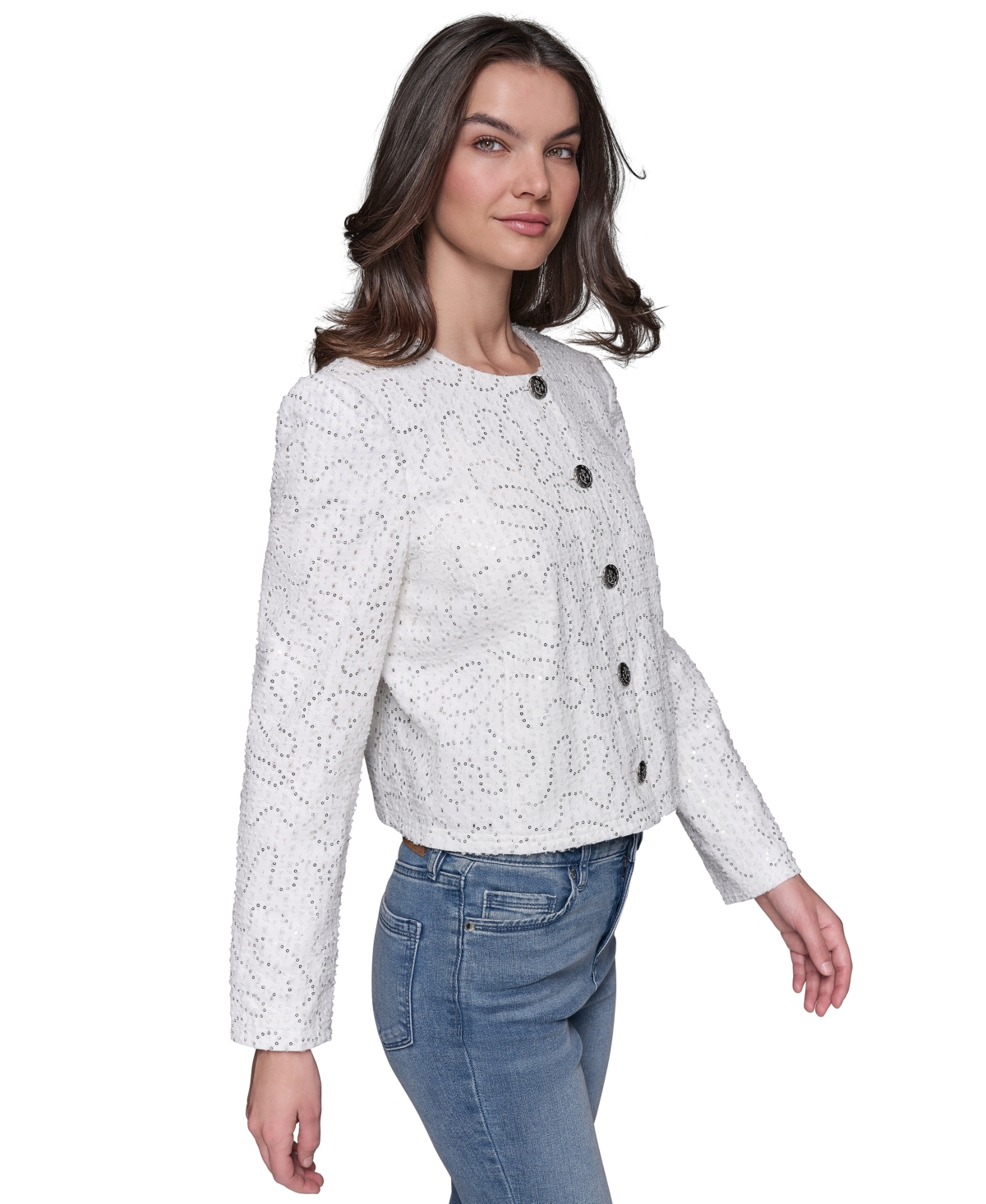 KARL LAGERFELD WOMEN'S BUTTON-FRONT SEQUIN COLLARLESS JACKET 