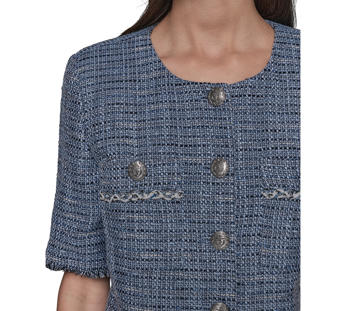 Shop Karl Lagerfeld Women's Fringe-trim Short-sleeve Tweed Jacket In Chambray Blue