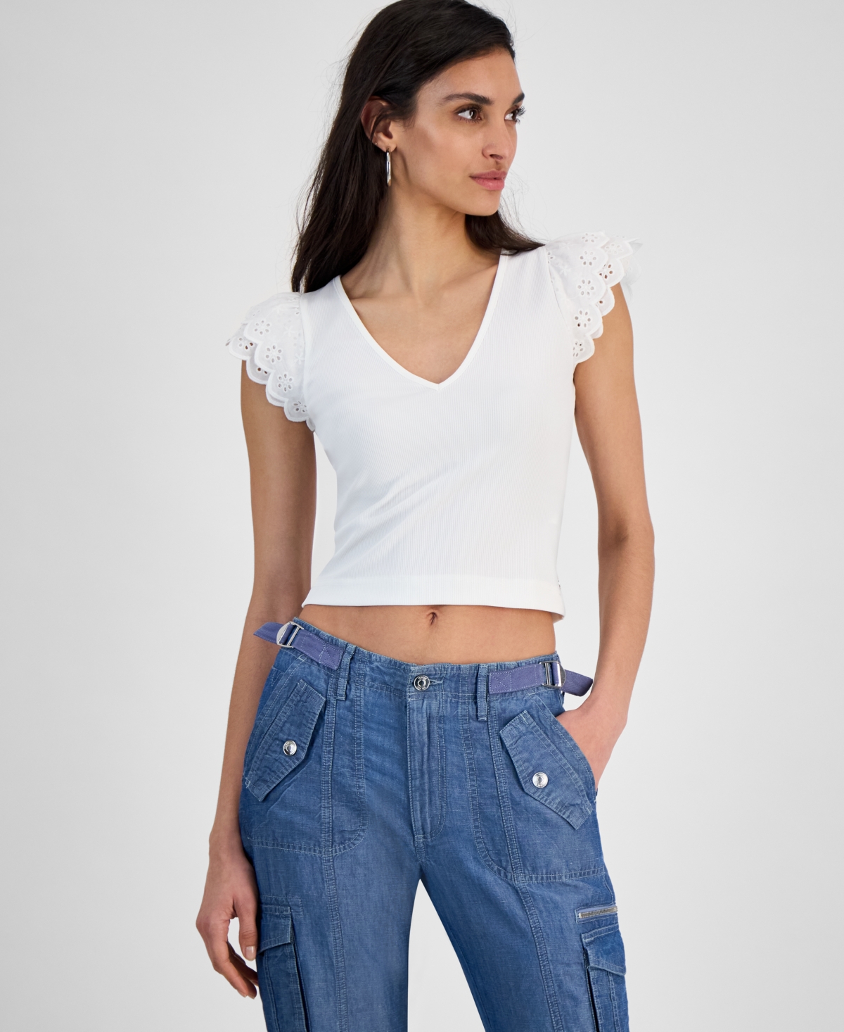 売れ筋商品|||ゲス カットソー トップス レディース Women's Dahlia Sangallo Mixed-Media Top Pure White Guess Women's Dahlia Sangallo Mixed-media Top In Pure White