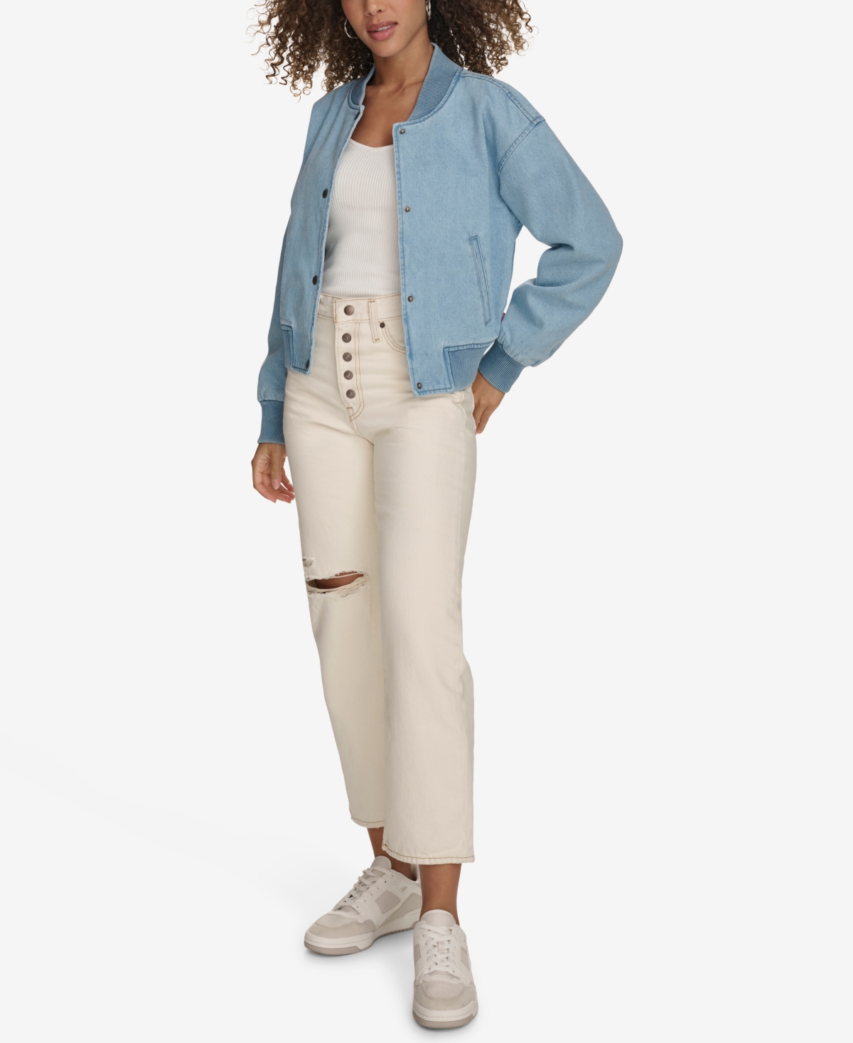 Levi's Women's Ribbed-edge Cropped Denim Bomber Jacket In Light Wash Denim