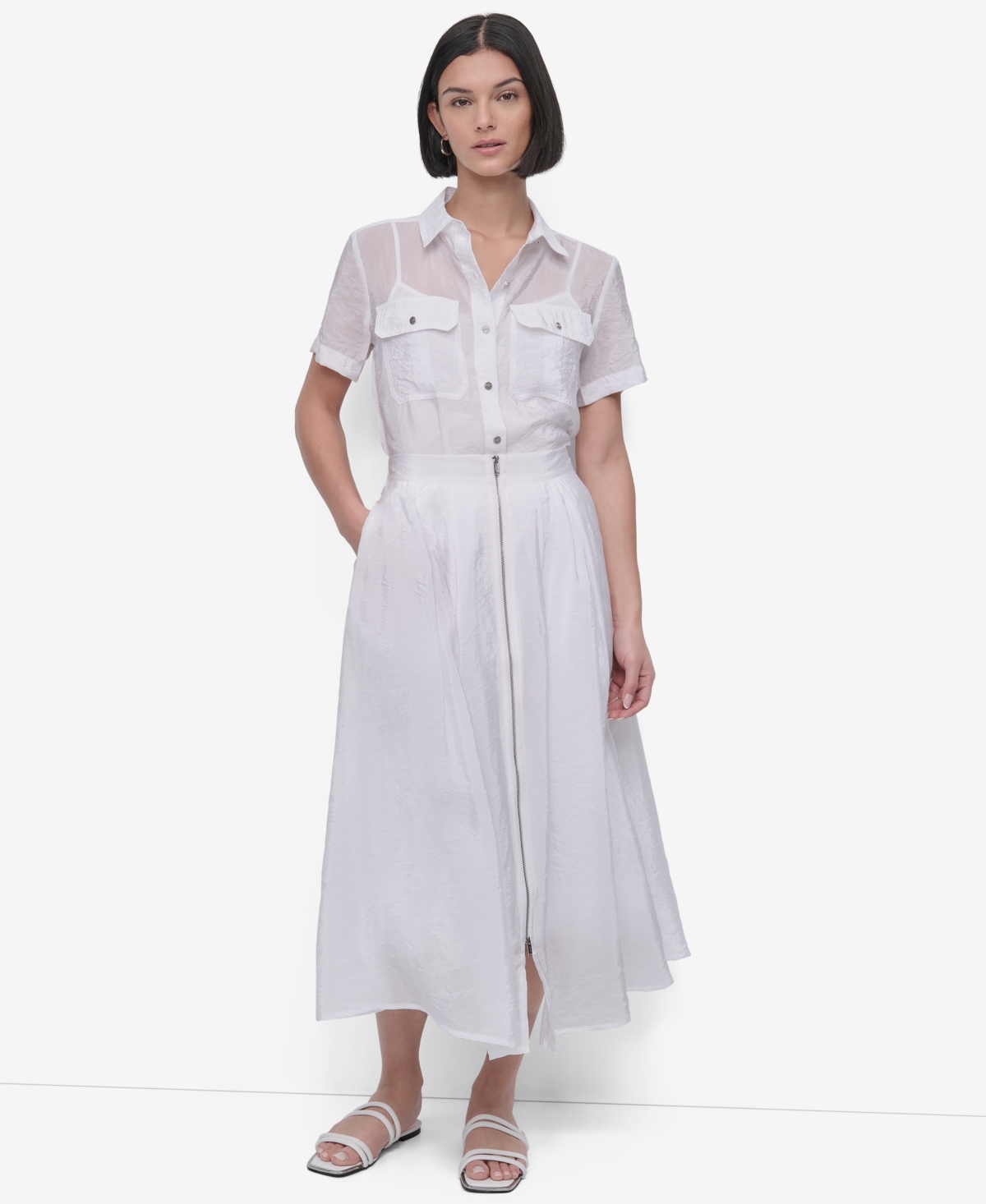 Shop Dkny Women's Zip-front Tech Midi Skirt In White
