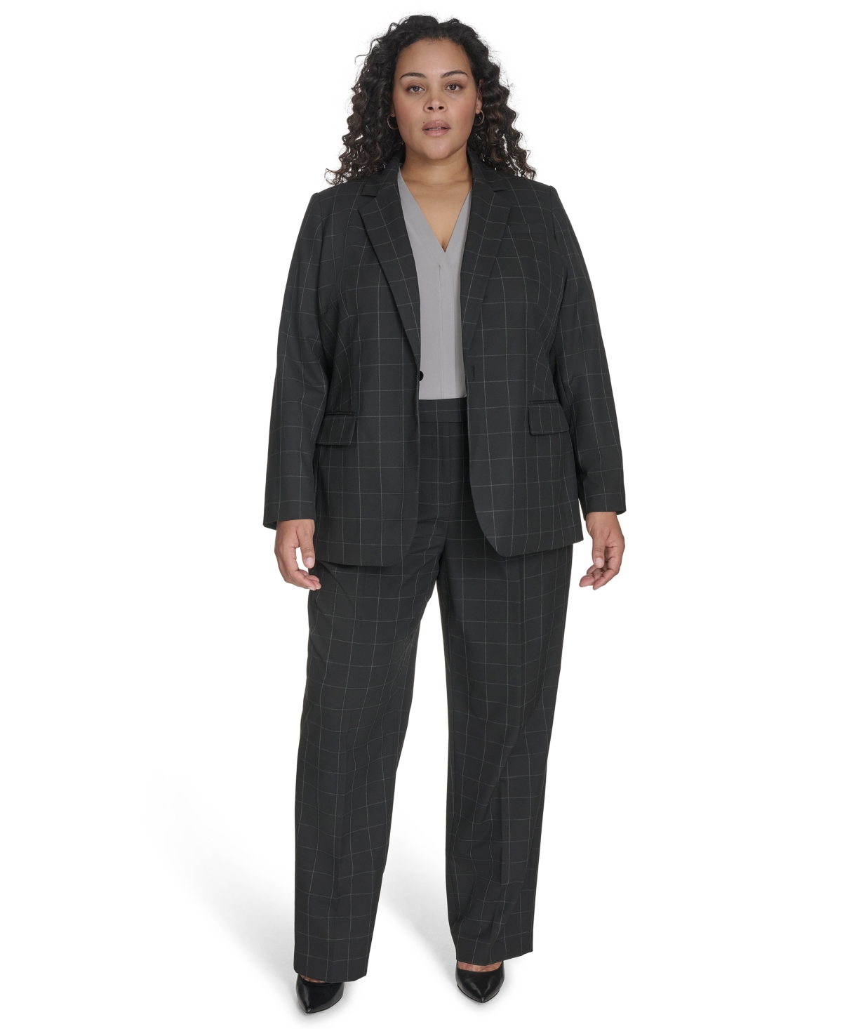 CALVIN KLEIN PLUS SIZE WINDOWPANE BELTED JACKET 