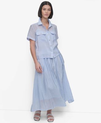 Dkny Womens Short Sleeve Button Front Tech Shirt Zip Front Tech Midi Skirt In White
